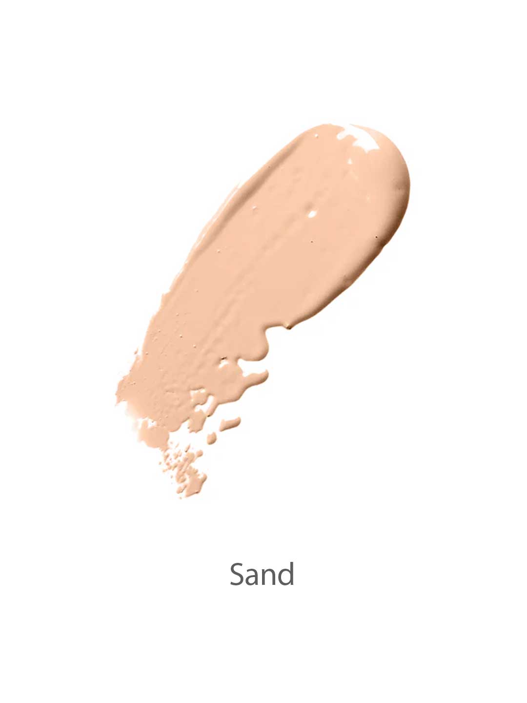 A swatch of 100% Pure Cream Foundation 9g in the Sand shade, shown on a white background, features a smooth satin finish in a light beige tone.
