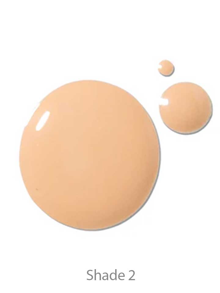 Three drops of 100% Pure 2nd Skin Foundation 35ml in light beige (Shade 2) are displayed on a white background, labeled "Shade 2" for a natural complexion.