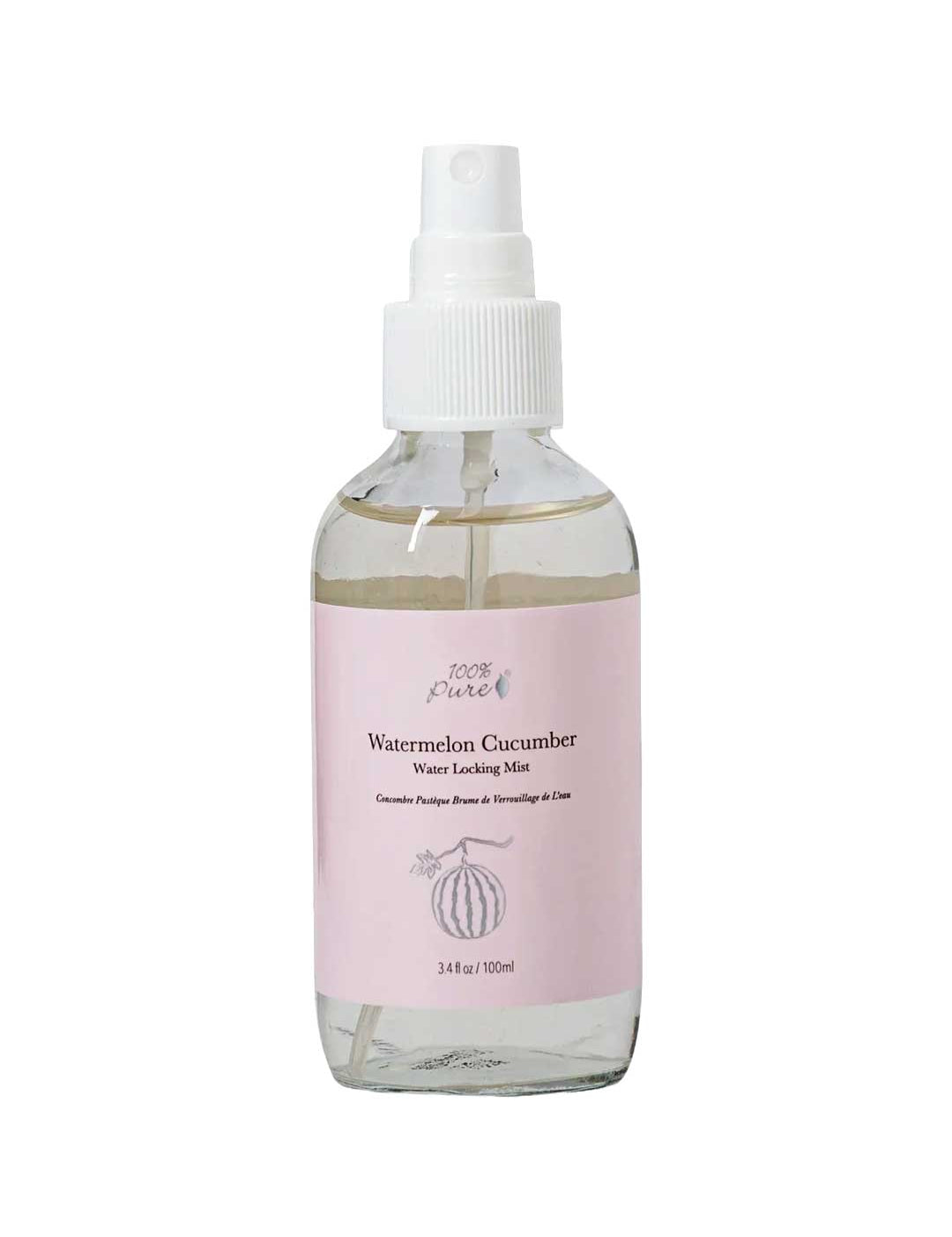 A clear spray bottle labeled "100% Pure Watermelon Cucumber Water Locking Mist 100ml" features a pink label, a white nozzle, and a watermelon illustration. The bottle contains 3.4 fl oz (100 ml).