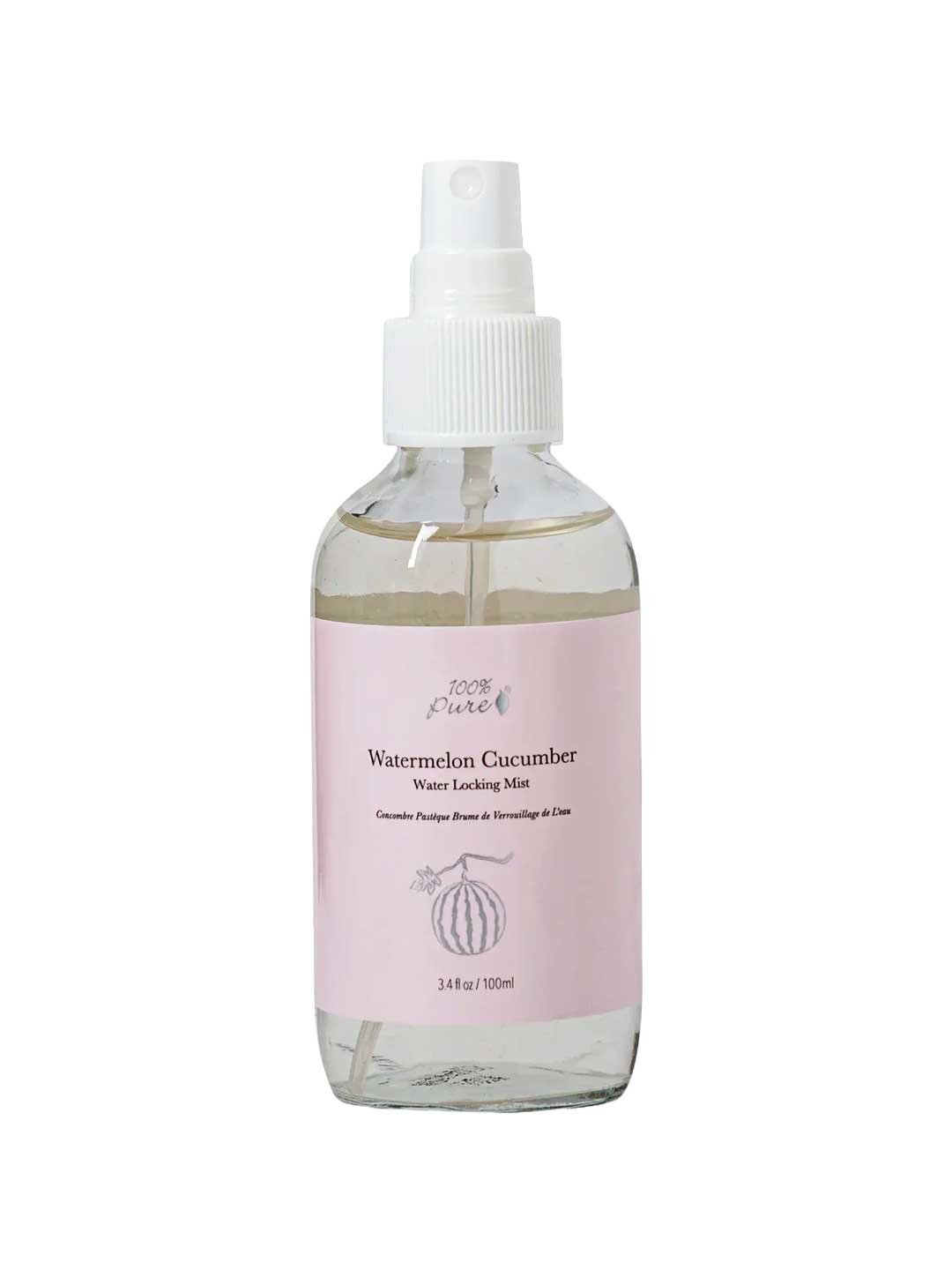 A clear spray bottle labeled "100% Pure Watermelon Cucumber Water Locking Mist 100ml" features a pink label, a white nozzle, and a watermelon illustration. The bottle contains 3.4 fl oz (100 ml).