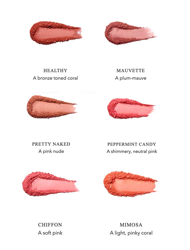 Six swatches of 100% Pure Rice Powder Pressed Blush in Healthy (bronze coral), Mauvette (plum-mauve), Pretty Naked (pink nude), Peppermint Candy (shimmery neutral pink), Chiffon (soft pink), and Mimosa (light pinky coral).