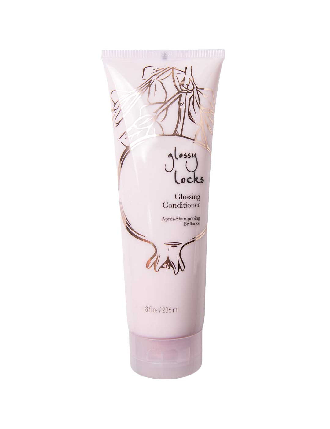 A pink 8 fl oz (236 ml) tube of 100% Pure Glossy Locks Glossing Conditioner with a floral design and black text. Enriched with biotin and coconut oil for glossy, hydrated hair. Bottom cap for easy dispensing.