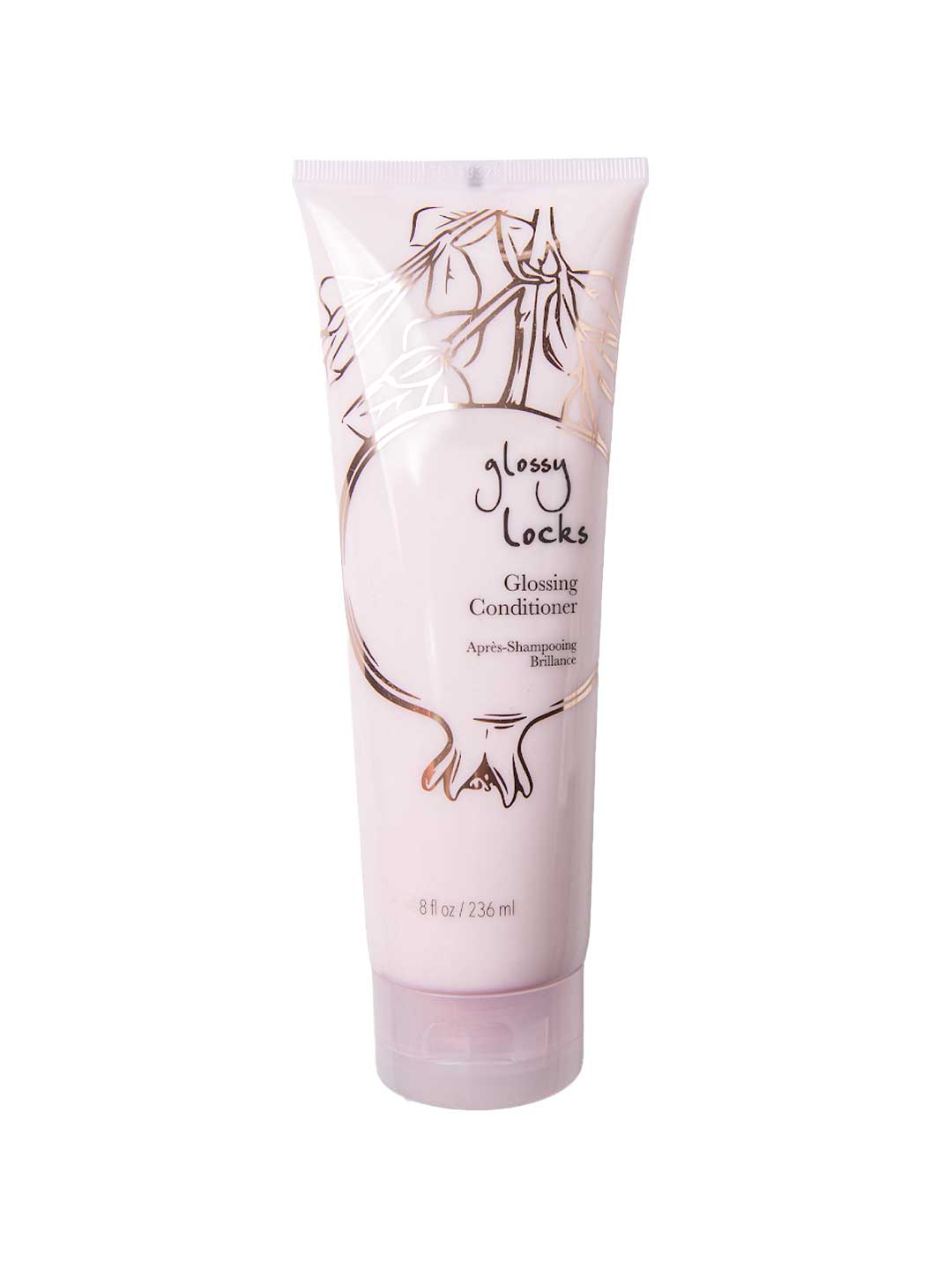 A pink 8 fl oz (236 ml) tube of 100% Pure Glossy Locks Glossing Conditioner with a floral design and black text. Enriched with biotin and coconut oil for glossy, hydrated hair. Bottom cap for easy dispensing.