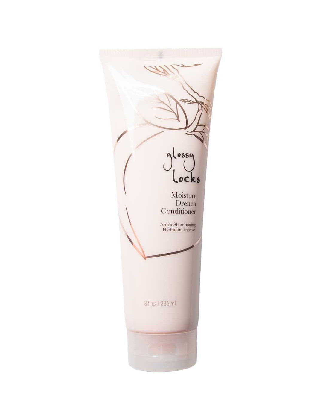 An 8 fl oz / 236 ml pink tube of 100% Pure Glossy Locks Moisture Drench Conditioner stands upright on a white background, featuring a minimalist leaf design. This hydrating conditioner is ideal for dry hair.