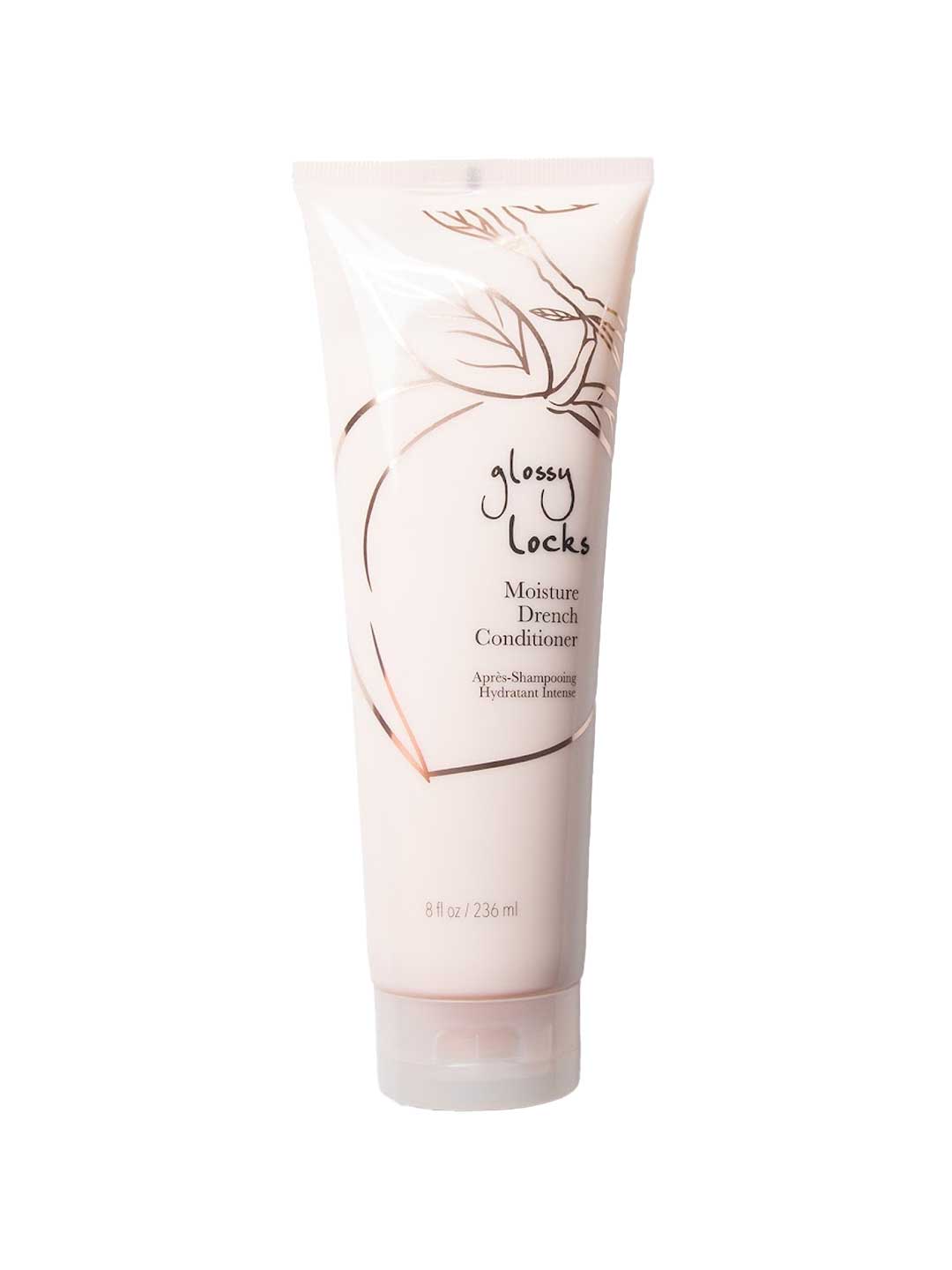 An 8 fl oz / 236 ml pink tube of 100% Pure Glossy Locks Moisture Drench Conditioner stands upright on a white background, featuring a minimalist leaf design. This hydrating conditioner is ideal for dry hair.