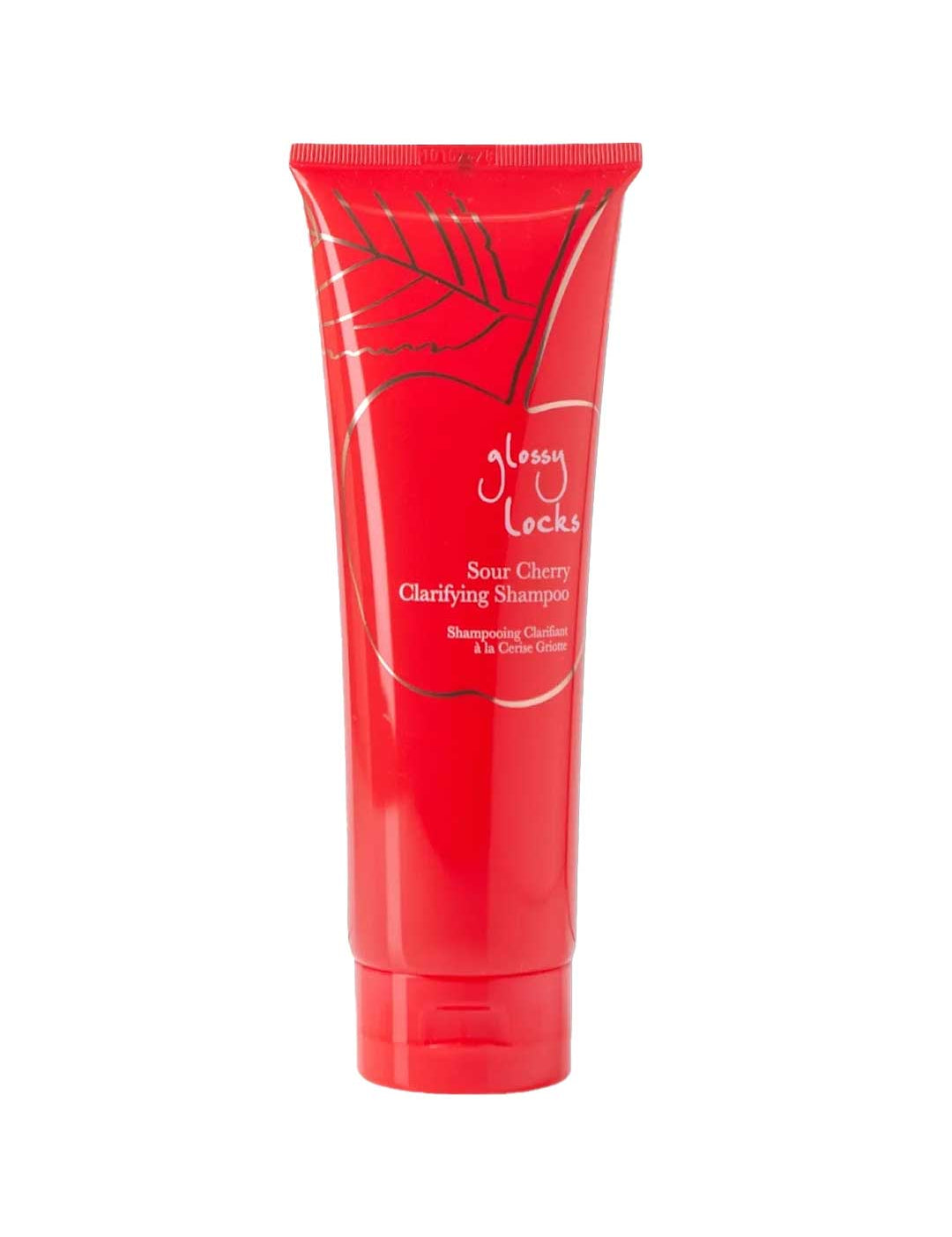 A red tube labeled 100% Pure Glossy Locks Sour Cherry Clarifying Shampoo showcases a simple cherry and leaf design, spotlighting its sulfate-free formula with nourishing sour cherry extract.