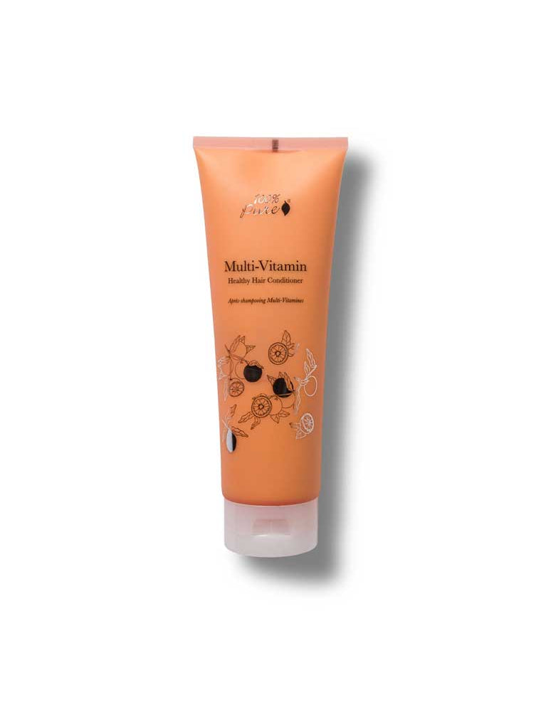 Orange tube of 100% Pure Multi-Vitamin hair conditioner with branding on a white background