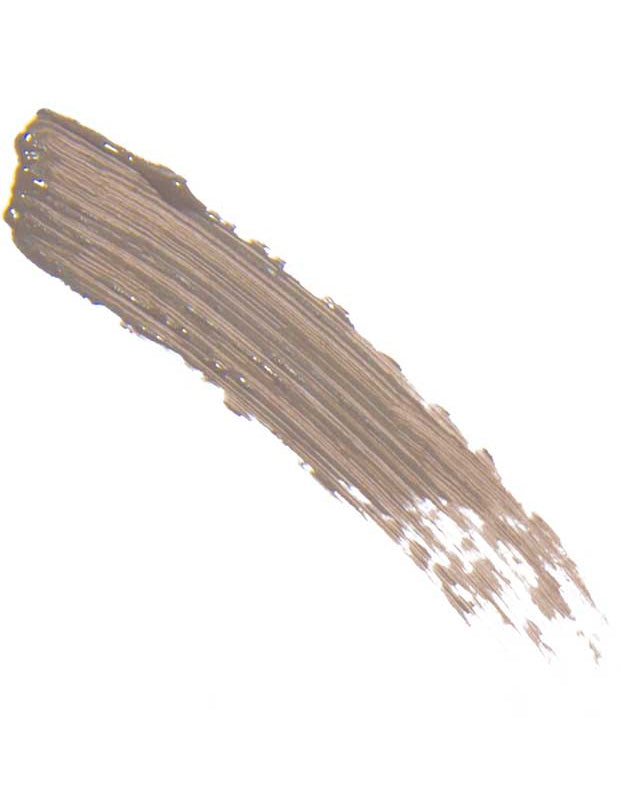 A single brushstroke of 100% Pure Green Tea Fibre Brow Builder 4.5g in light brown or taupe on a white background. The smooth gel texture shows visible brush lines.