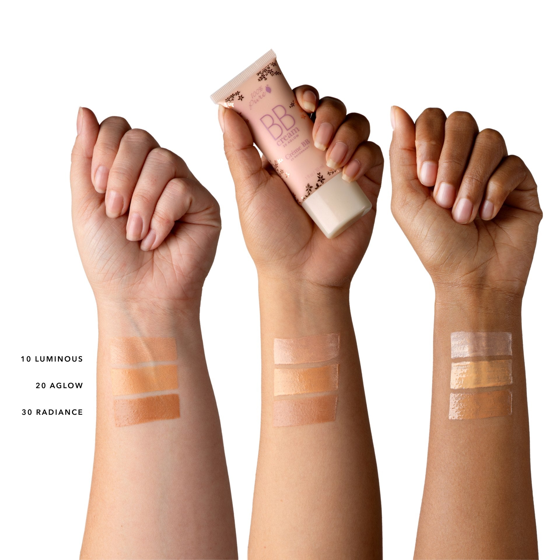 100% Pure BB Cream swatches on skin tones - light, medium & dark