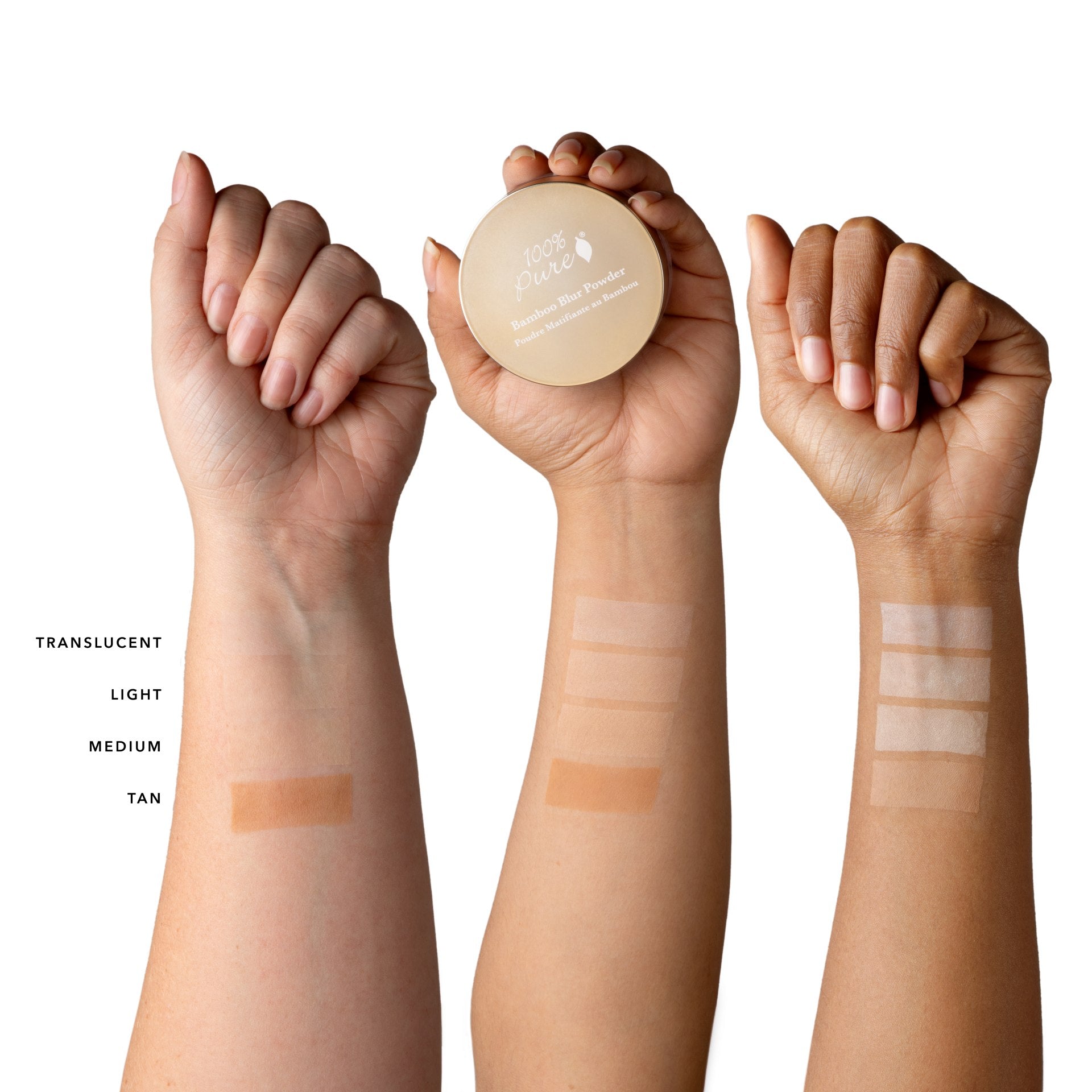 100% Pure Bamboo Blur Powder colour swatches on arm